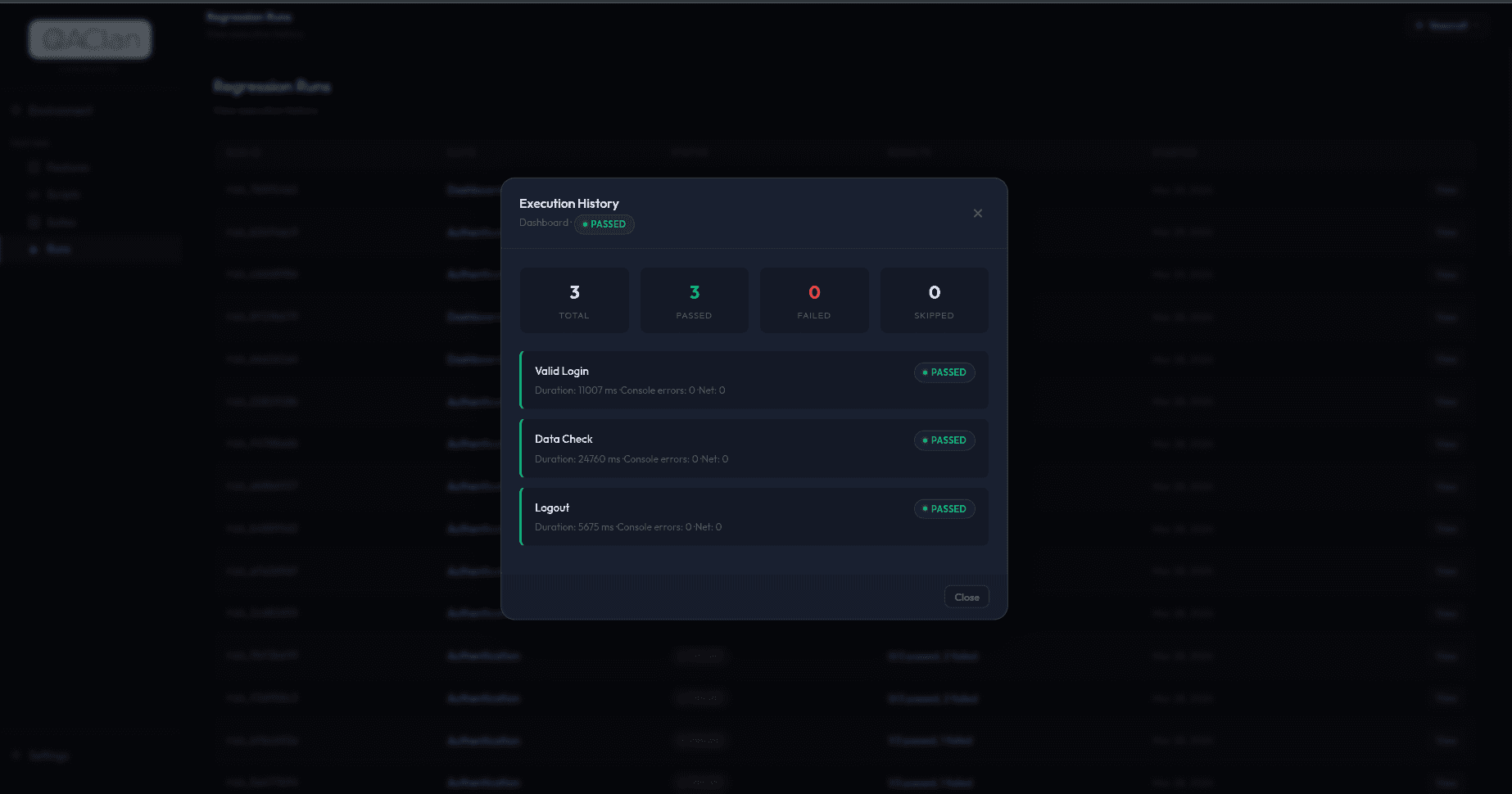 QAClan cloud dashboard showing execution history with passed tests